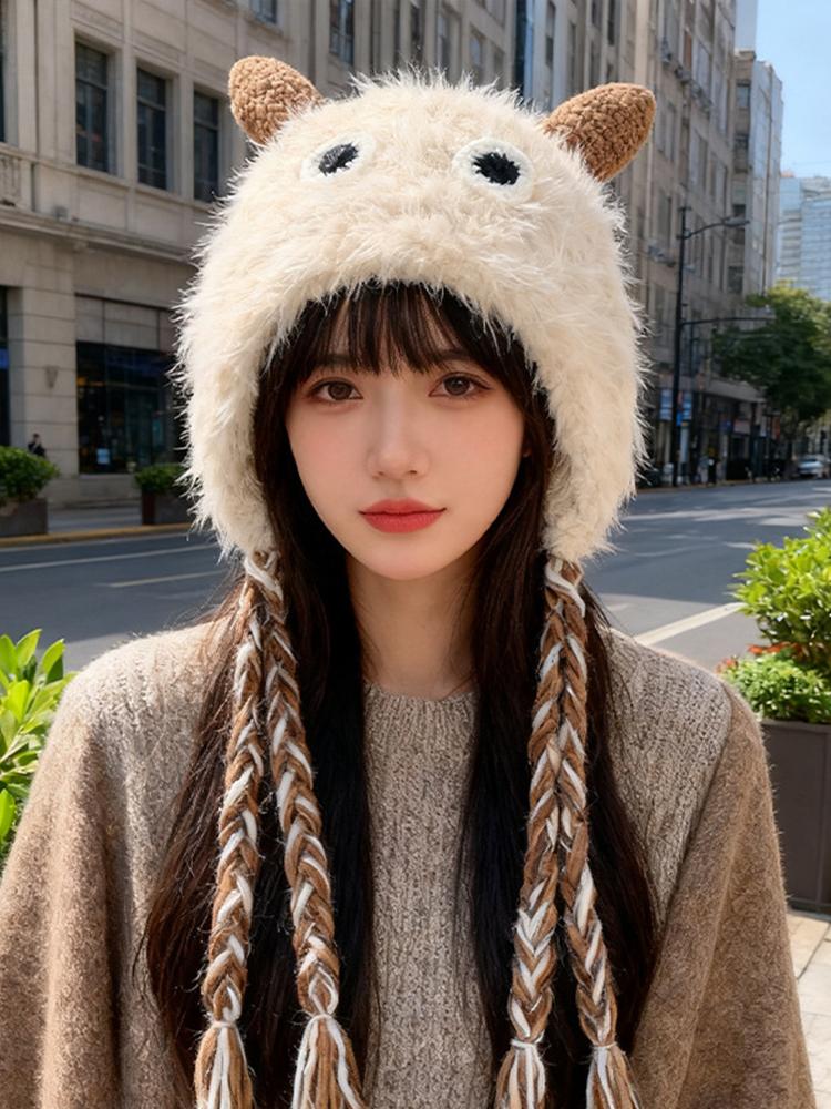 New Women'S Red Blue Plush Hat Winter Warm Cute Cartoon Knitted Earflap Beanie With Braided Tassels For Ladies Hats Casual