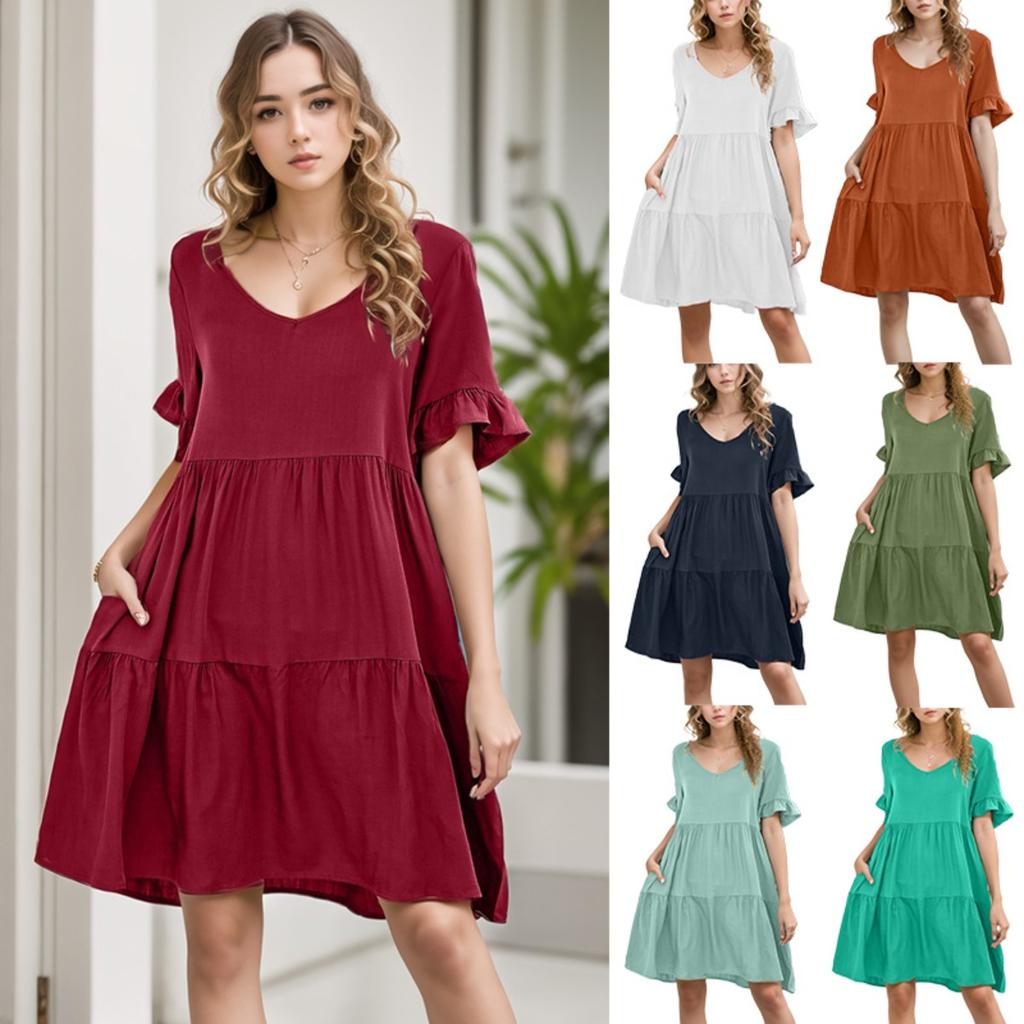 Summer Women's Casual V-Neck Ruffled Babydoll Dress, European American Style Fashion Ladies Dress