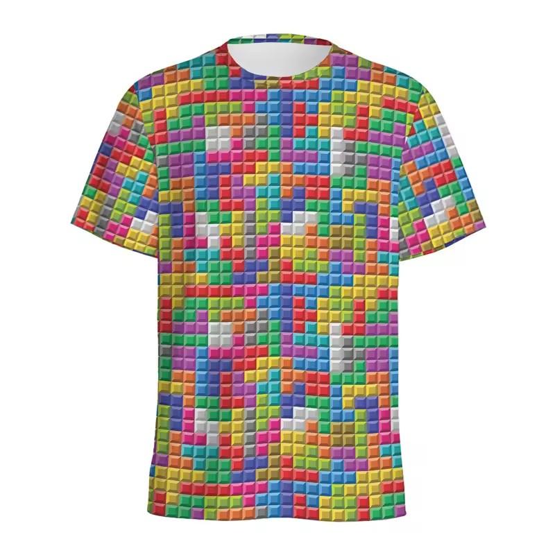 Retro Building Block 3D Printed T Shirt Men Jigsaw Puzzle Video Games Pattern T-Shirt Loose Street Short Sleeves Y2k Tee Shirts