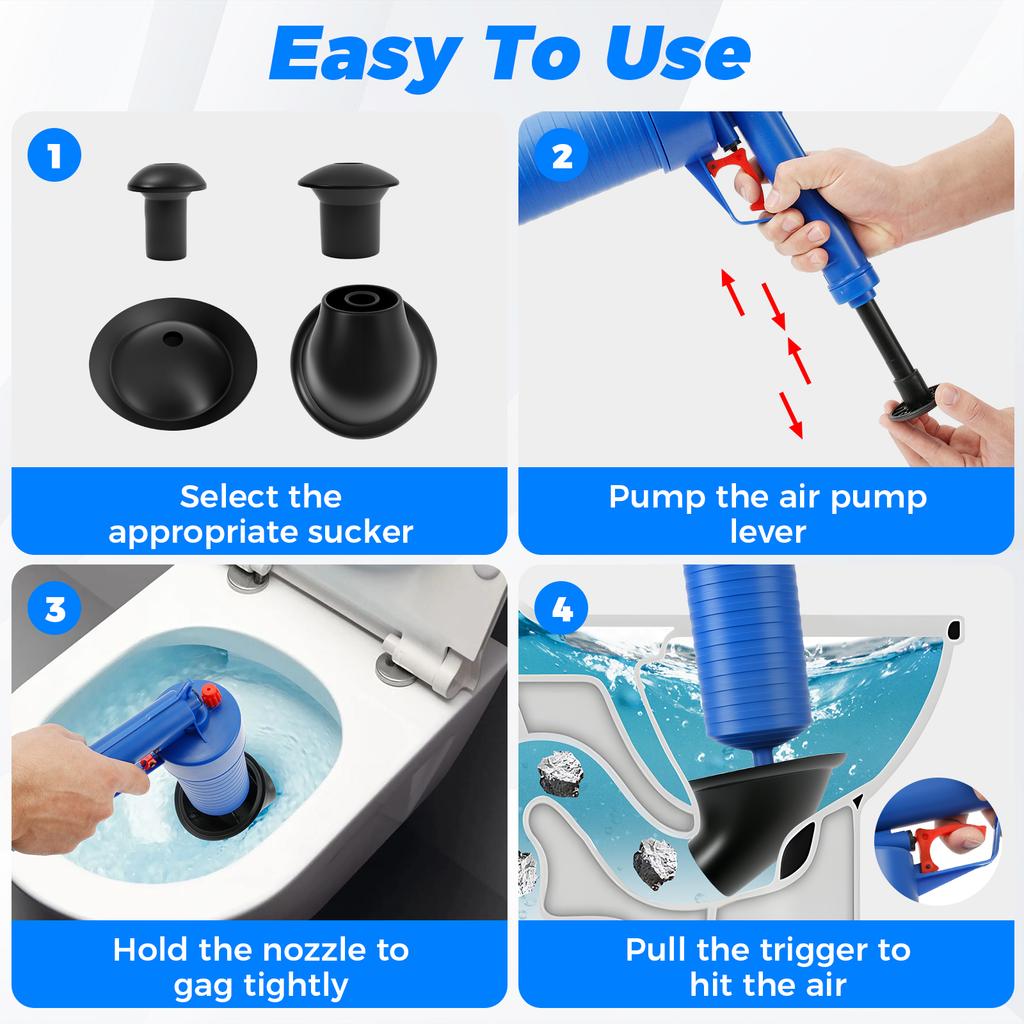 Toilet Plunger Set with 4 Unclogging Heads Efficient Air Plunger Reusable Toilet Drain Clog Remover Practical Drain Clog Remover