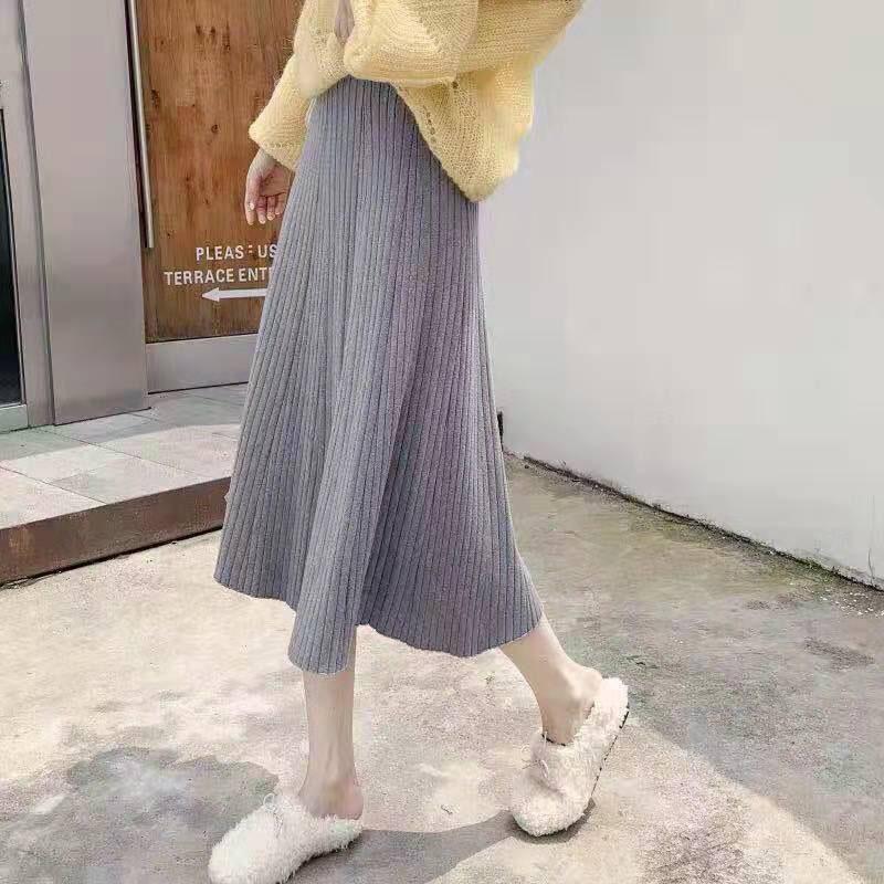 Autumn Winter Knitting Solid Color Pleated Skirt Female High Waist All-match Mid-length A-line Skirt