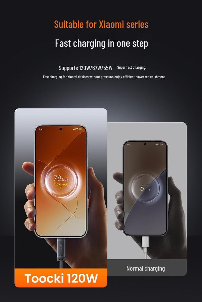Tookci 120W Fast Charging Silicone Data Cable, Aluminum Alloy Shell, Compatible with Xiaomi 17