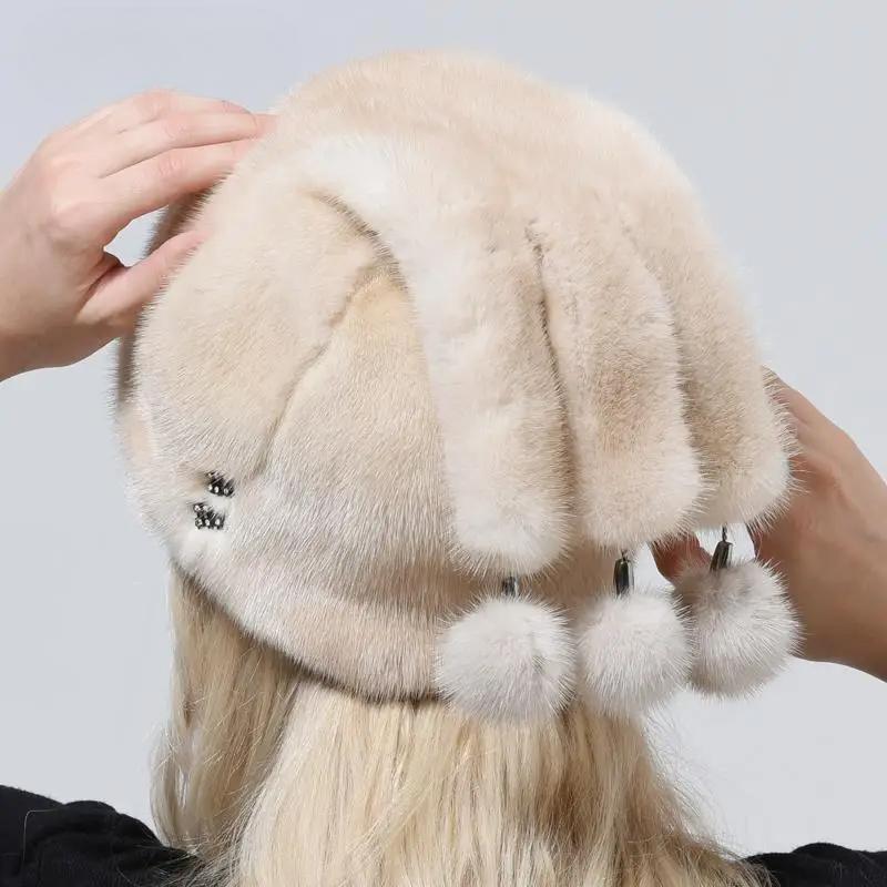 Warm New Genuine Mink Fur Hat With 3 Tails Elegant Women Luxury Full Pelt Lady Fur Hat Balls Warm Snow Caps Diamond Outdoor Hat