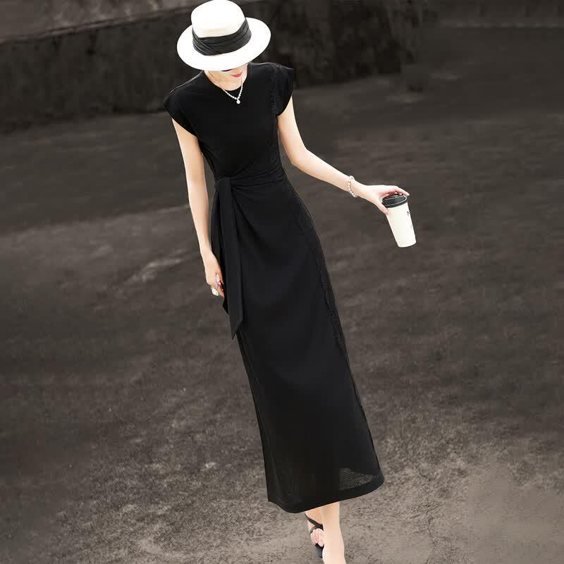 Lanseer Elegant Lace Panel Tie-Waist Midi Dress