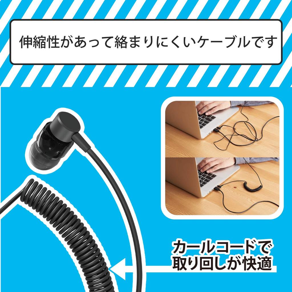 Elecom Monaural Earphones Canal Type with Microphone Fast Music Curl Cable 4 Pole Mini Plug Black 9.2mm EHP-CCS100CMMBK