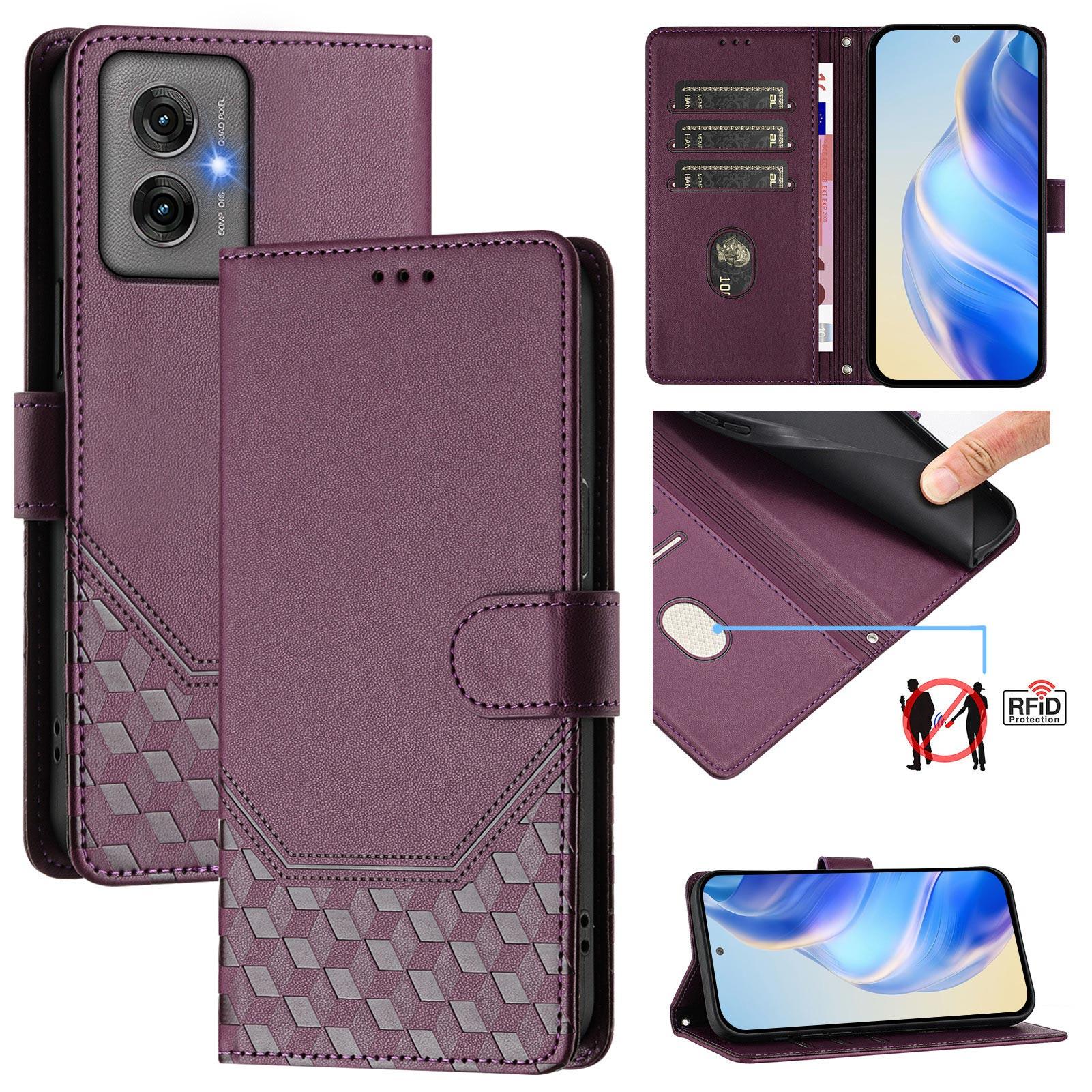 

For Motorola Moto G55 5G Case Imprinted Honeycomb RFID Blocking Leather Phone Cover with Strap Dark Purple
