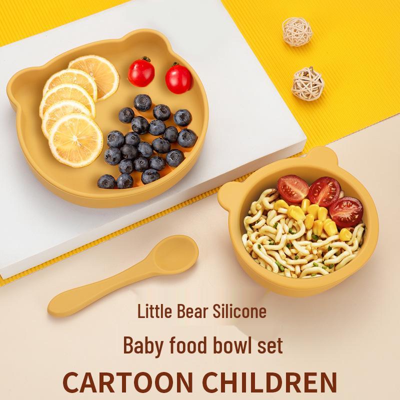 Little Bear Children's Silicone Tableware Set: Anti-Fall Bowl, Plate, and Spoon