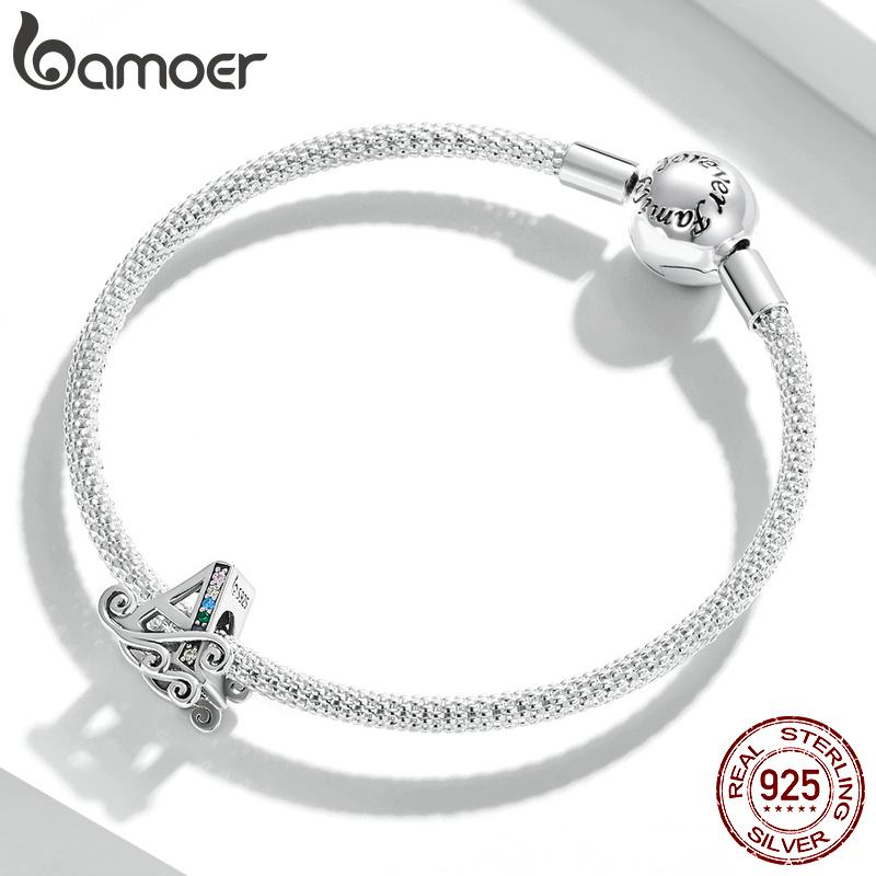 bamoer Funny 925 Silver DIY Letter Alphabet Metal Beads fit for Silver 925 Bracelet Heart Pattern Charms DIY