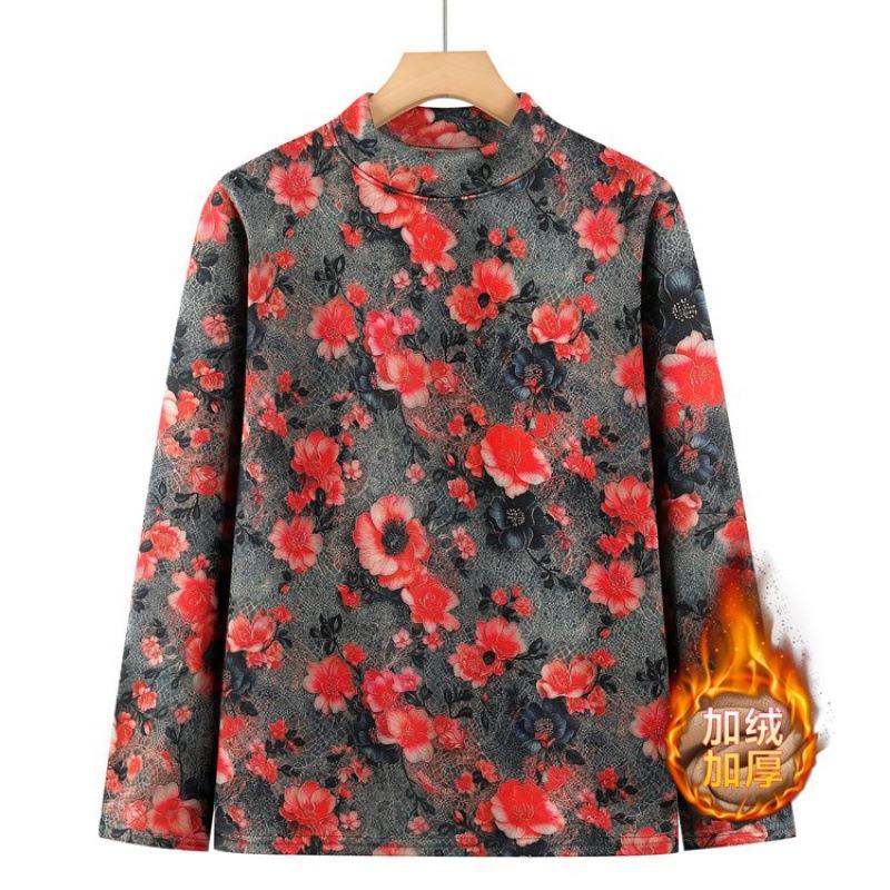 Autumn and Winter Long-sleeved Semi-turtleneck German Velvet Bottoming Shirt for the Elderly Velvet Underwear Floral Warm Autumn Clothes