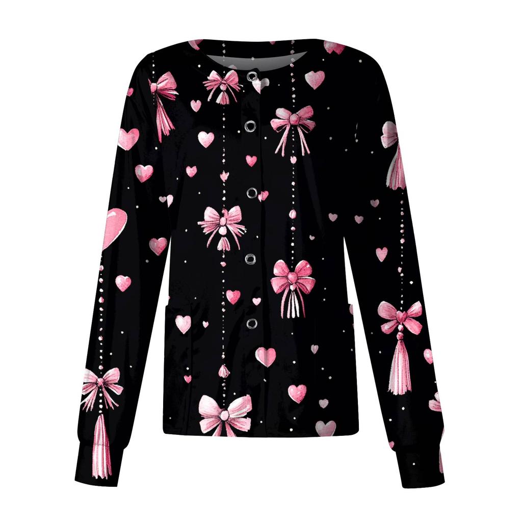 Women's Casual Fashion Long Sleeve Standing Collar Single Breasted Valentine's Day Print Workwear Jacket Tops