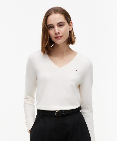 TOMMY HILFIGER Cuff Button V-Neck Sweater (T22G6Kto010Wt1Z00)