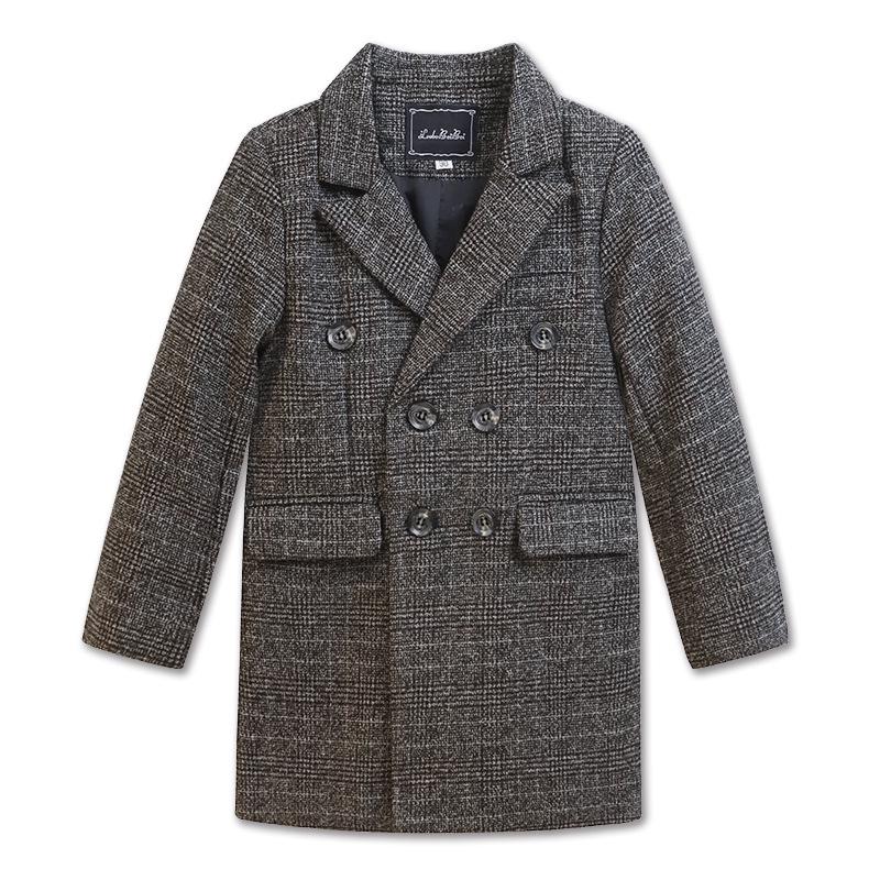 Boys' Wool Blend Plaid Overcoat with Suit Collar - Quilted, Warm, Mid-Length Trench for Autumn/Winter