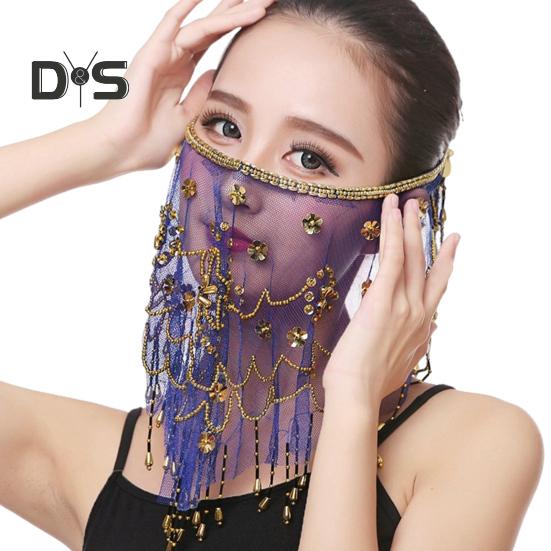 Performance Závoj Květina Flitry Korálky Dekor Krajka Břišní tanec Tribal Obličejový Závoj Nastavitelný popruh Indický Dance Závoj Halloween Kostýmový doplněk