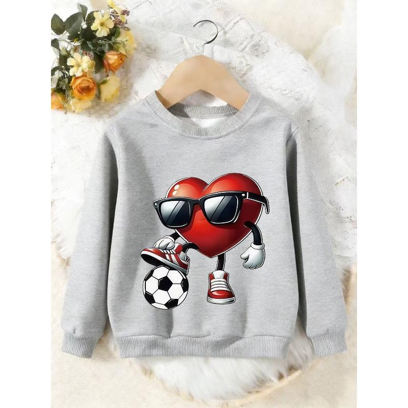 Unisex Kids Crewneck Sweatshirt, Cool Heart Sunglasses Soccer Cartoon Print Pullover, Boys Girls Sports Sweatshirt For Kids Over 4 Years Old