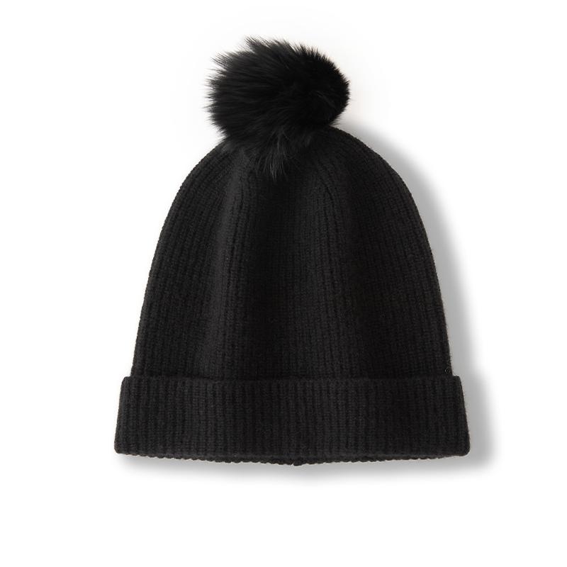 Women 100% Pure Cashmere Beanie Hat Pom Pom Detail Rib Knit Winter Warm Soft Slouchy Skullies Cap Cold Weather Accessory