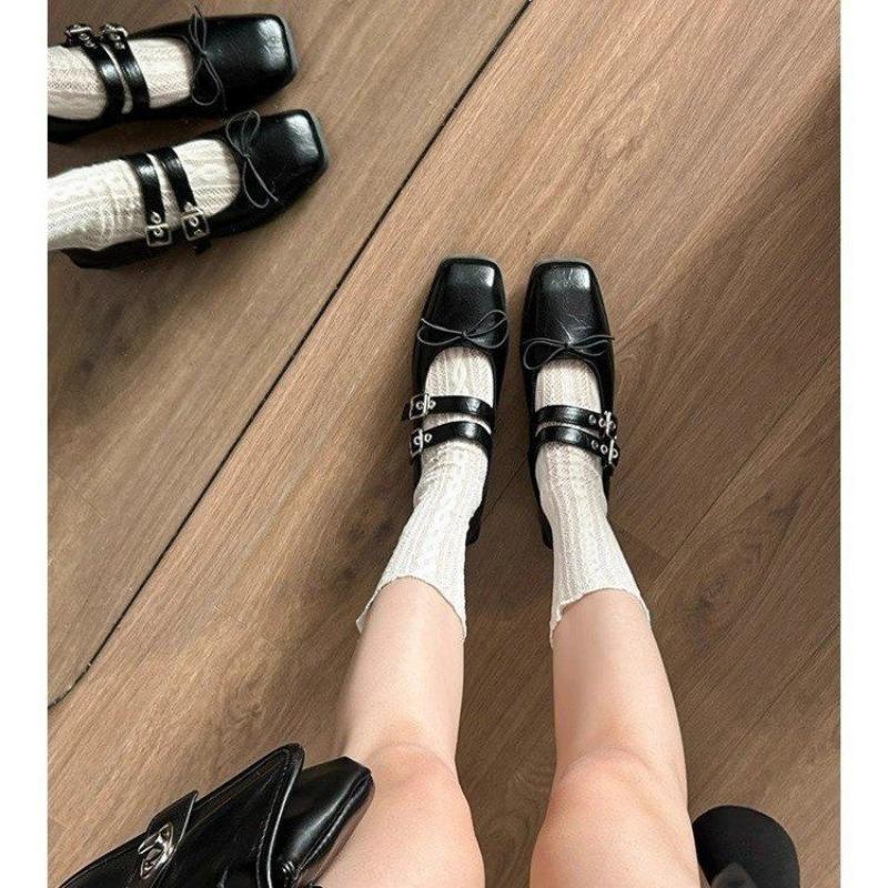 Fashion Bowtie Women Ballet Flats Shoes New Spring Square Toe Buckle Strap Lolita Footwear Fashion Casual Ladies Mary Janes Shoes