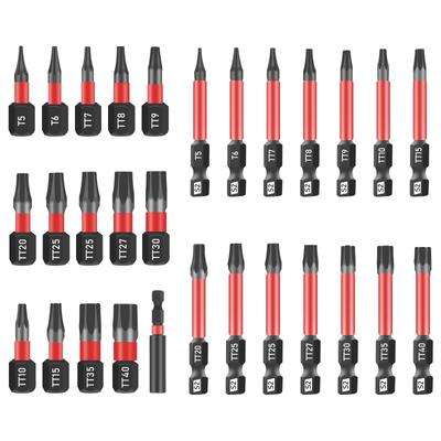 Jeu de 29 pièces d'embouts Torx inviolables en acier allié S2, queue hexagonale 1/4 de pouce, jeu d'embouts étoile à impact avec pointe magnétique pour embouts de tournevis à impact