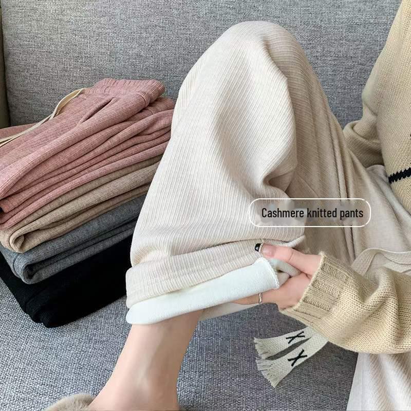 Women's High-Waist Fleece-Lined Wide-Leg Pants - Soft, Knitted, Loose-Fit for Autumn/Winter.