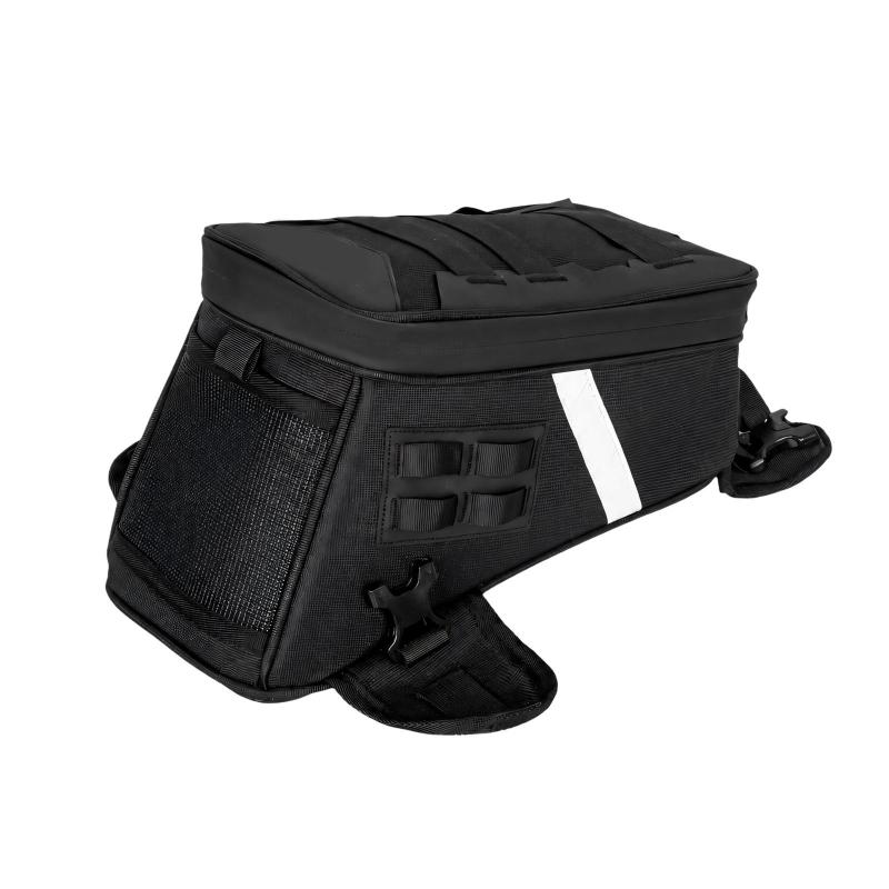 Motorcycle Tank Storage Bag, 5L Polyester Fabric Pouch with Buckle Strap Mounting, Top Opening Access and Carry Along Use for Road Travel Stops