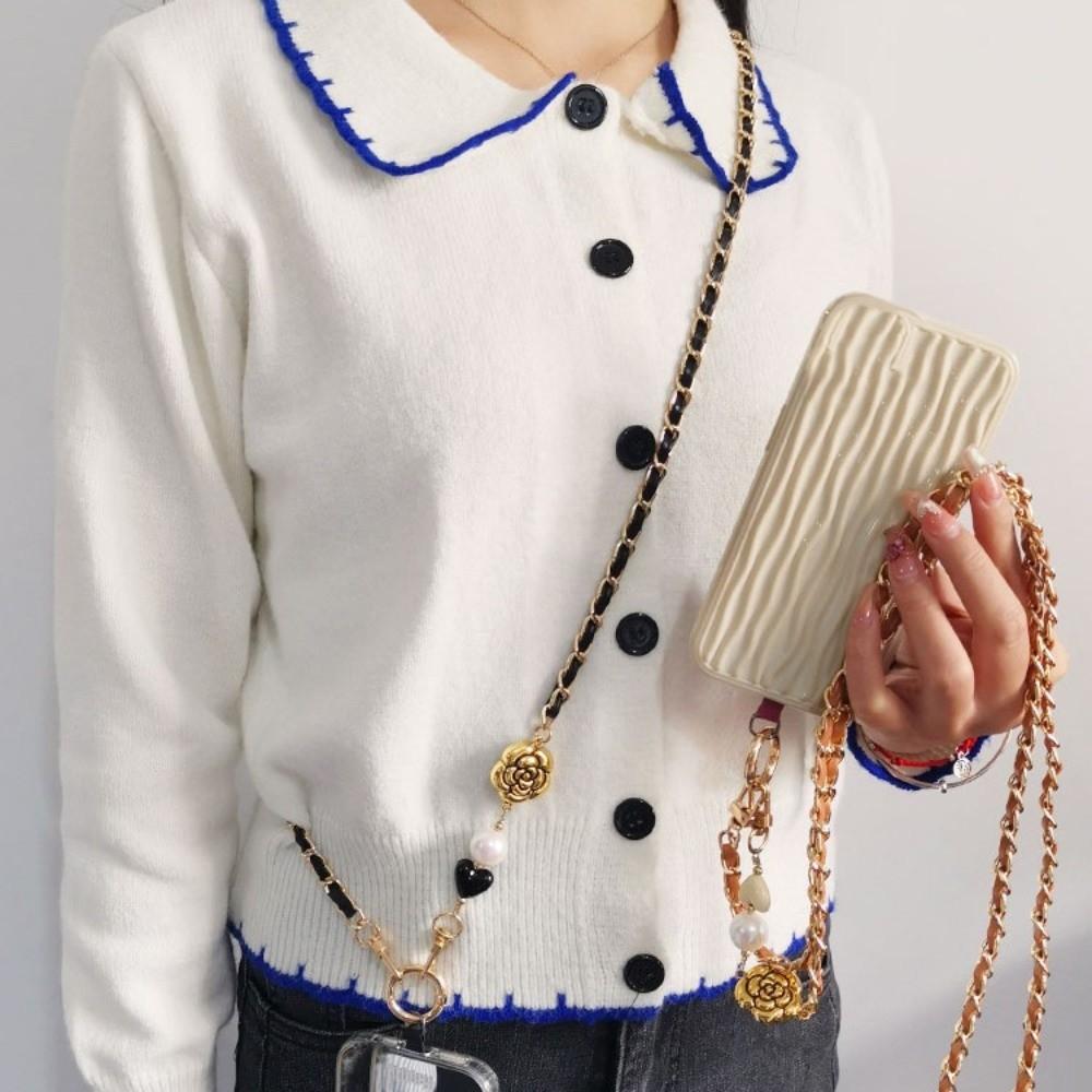 Pearl Mobile Phone Diagonal Lanyard Camellia Metal Chain Crossbody Phone Rope Long Anti Lost Mobile Phone Strap Lanyard Patch