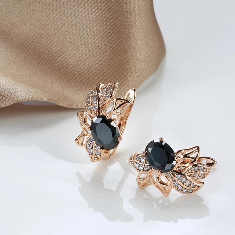 Rose Gold Color Women Crystal Flower Earrings Black Natural Zircon Accessories Vintage Bride Daily Fine Jewelry