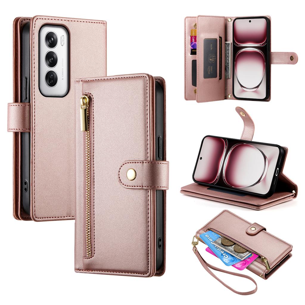 DF-011 For Oppo Reno12 5G (Global) Case Zipper Pocket Wallet Leather Phone Cover with Straps