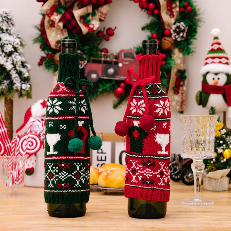 Cozy Knitted Christmas Wine Bottle Cover With Bright Bow And Cheerful Pom Poms For Parties