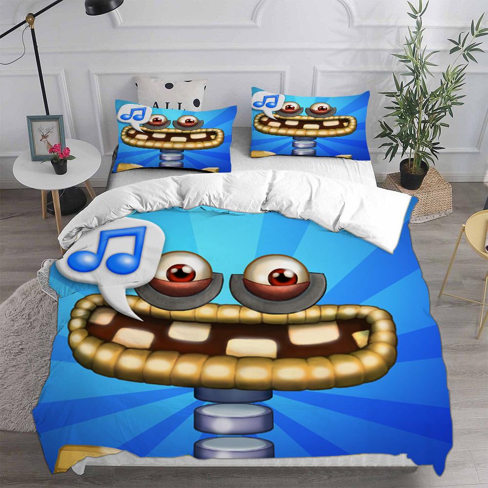 Anime My Singing Monsters Joc video Set de lenjerie de pat cu desene animate Set de lenjerie de pat cu două paturi, complet Queen, King Size, Adult, Copii, Dormitor, Cadou