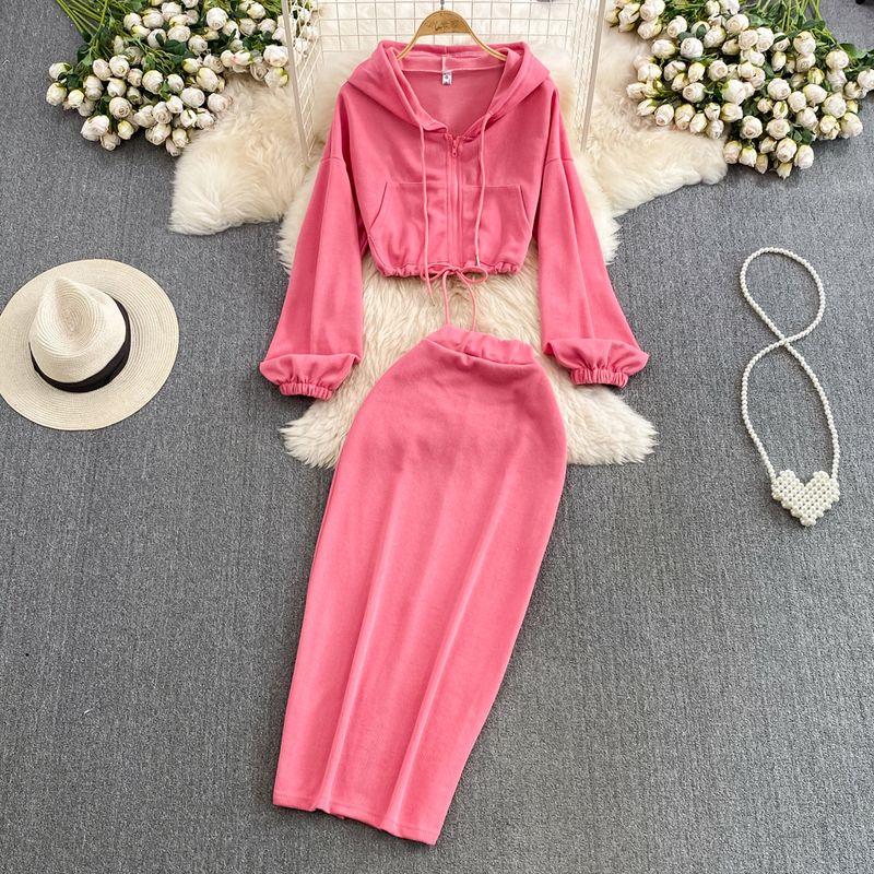 

Fashion Suit Women s K-style Zipper Hoodie Coat Two-piece Set High Waist Slim Looking Mid Length Long Length Hip Skirt Pink One size