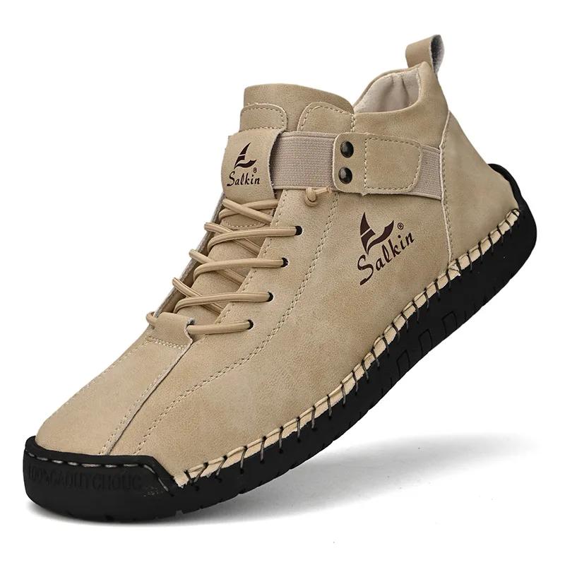Fashion Winter New Men's Low-top Ankle Boots High Quality Hand-stitched Hook&loop Leather Casual Sneakers Classic Man Shoes Plus Size 48