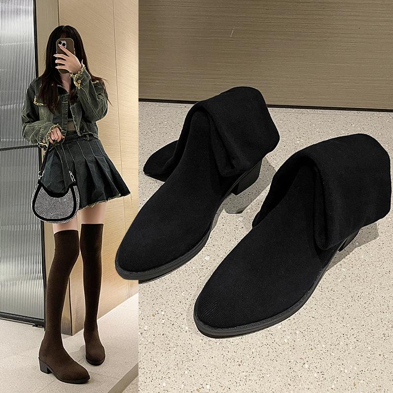 Elastic Socks Boots Women's 2025 Spring and Autumn Versatile Long Tube Socks Over Knee Boots Women's Thick Heel Pointed Skinny Boots Large Size