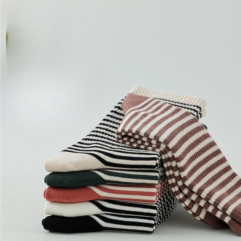 Spring and Autumn Cotton High-top Socks, Trendy and Versatile Mid-top Socks, Women's Striped Pile Socks