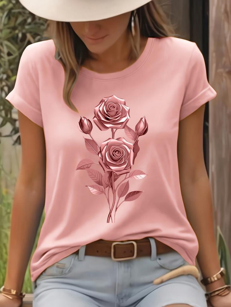 Fashion Women Rose Printed T-Shirt O-Neck Short Sleeve T-Shirt Simple Design Versatile Daily Wear Elegant Style Women Clothing