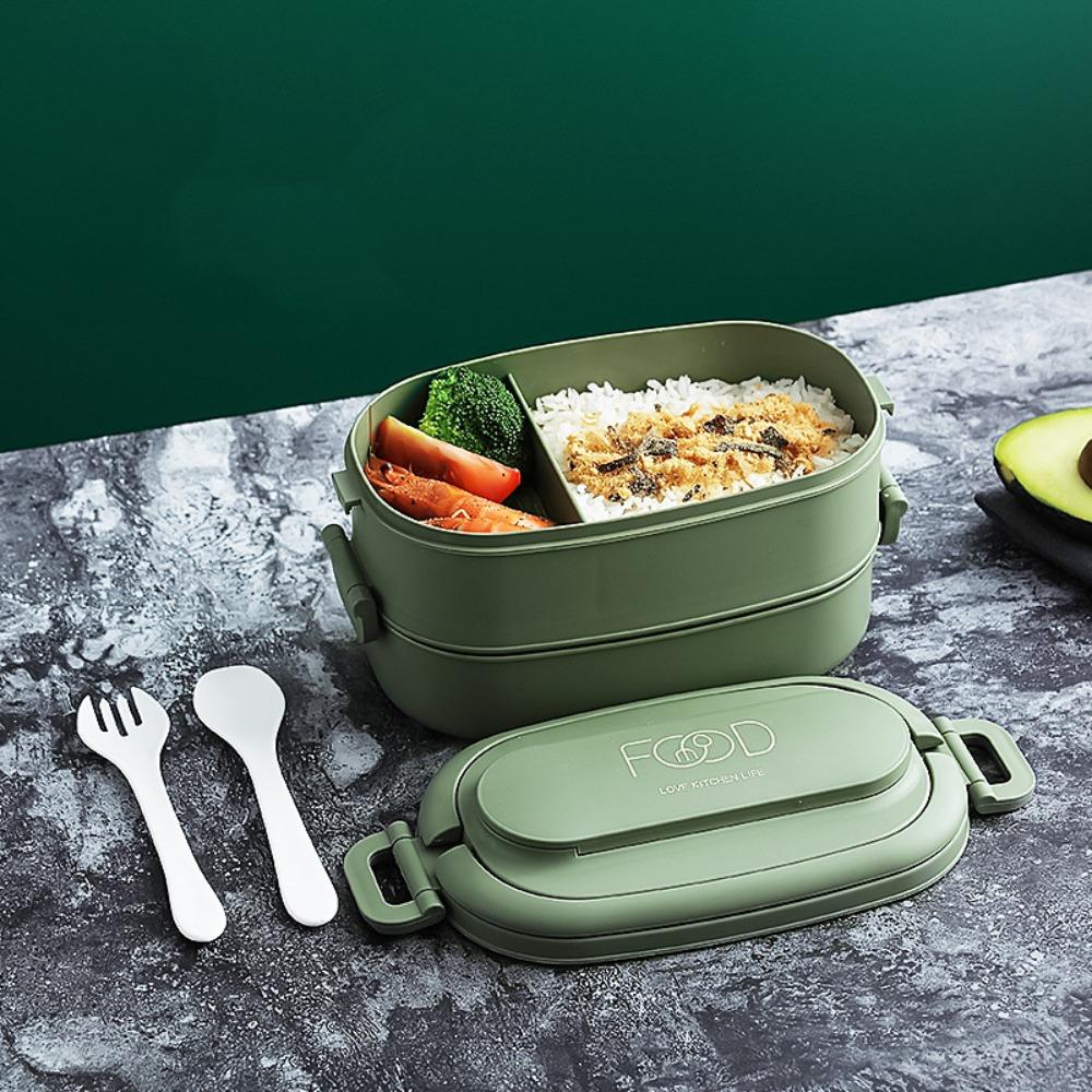 

Portable Multi Layer Lunch Box Square Food Storage Box with Spoon and Fork Food Container Outdoor зелёный