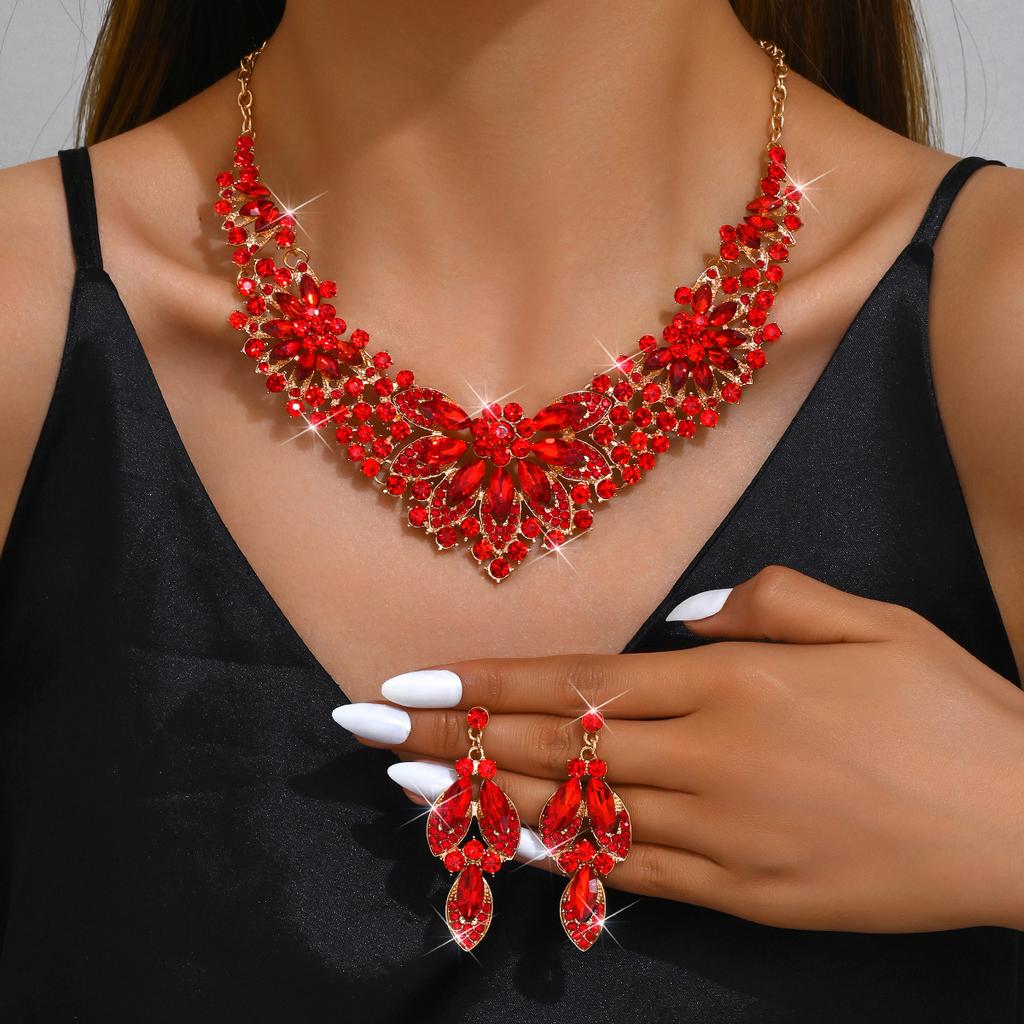 Vintage Necklace Earrings Set Women Leaves Flowers Rhinestone Bridal Accessories