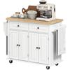 Kitchen Island Trolley Multi-Storage 2 Drawers 2 Cupboards 2 Doors with Shelf Bottle Rack Towel Rack and Adjustable Shelf MDF White Rubberwood
