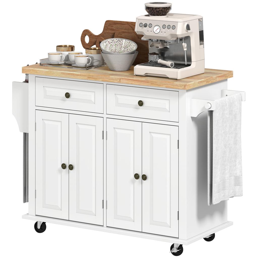 Kitchen Island Trolley Multi-Storage 2 Drawers 2 Cupboards 2 Doors with Shelf Bottle Rack Towel Rack and Adjustable Shelf MDF White Rubberwood