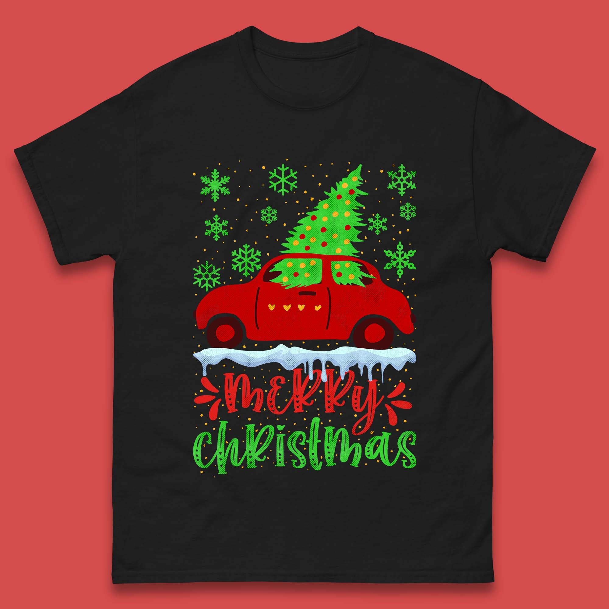 Merry Christmas Red Car Mens T Shirt Womens Tops Tees Christmas Tree Top M