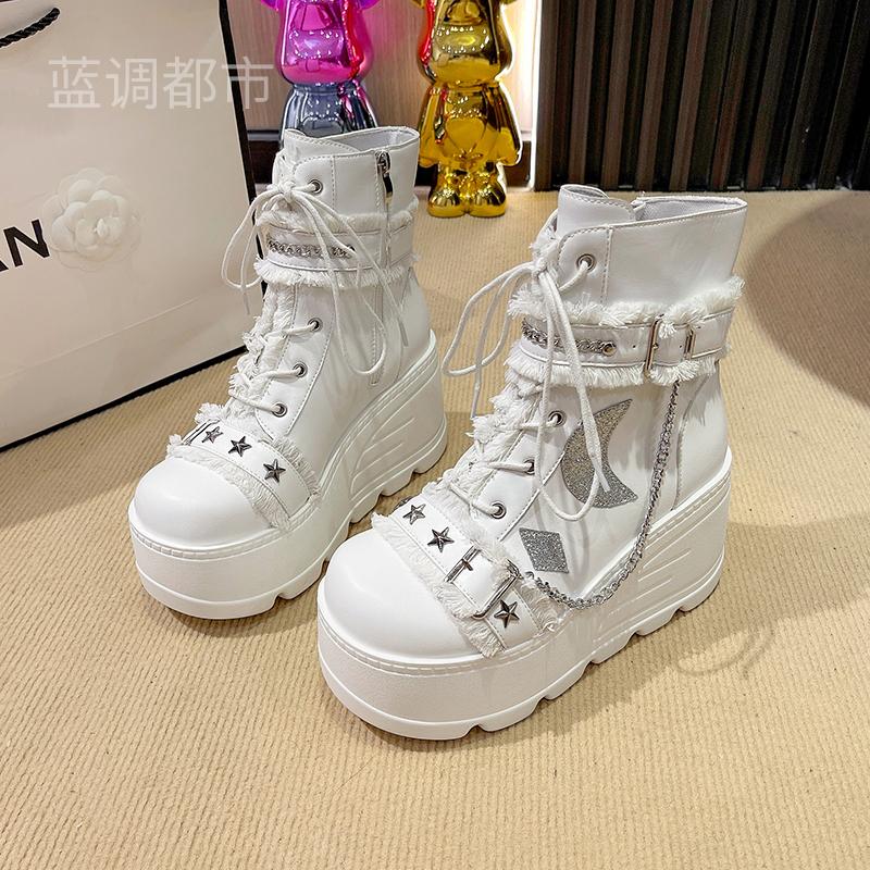 Fashion Platform Thick Gothic Boots Lady Buckle Autumn Women 9CM Wedges High Booties Punk Street Cosplay Botas Motorcycle Chain Shoes