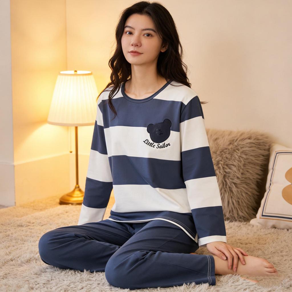 Women's Blue Plaid Long Sleeve Pajamas, Imitation Cotton, Loose & Comfortable, Perfect for Spring/Autumn, Versatile for Home or Outdoors