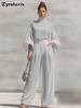 Fashion Chic Sheer Chiffon Set Solid Stand Collar Bubble Sleeve + High Waist Wide Leg Pants Two Piece Outfit