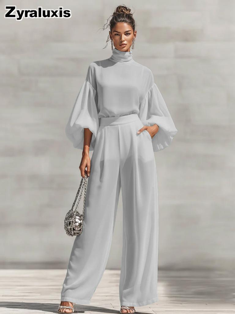Fashion Chic Sheer Chiffon Set Solid Stand Collar Bubble Sleeve + High Waist Wide Leg Pants Two Piece Outfit