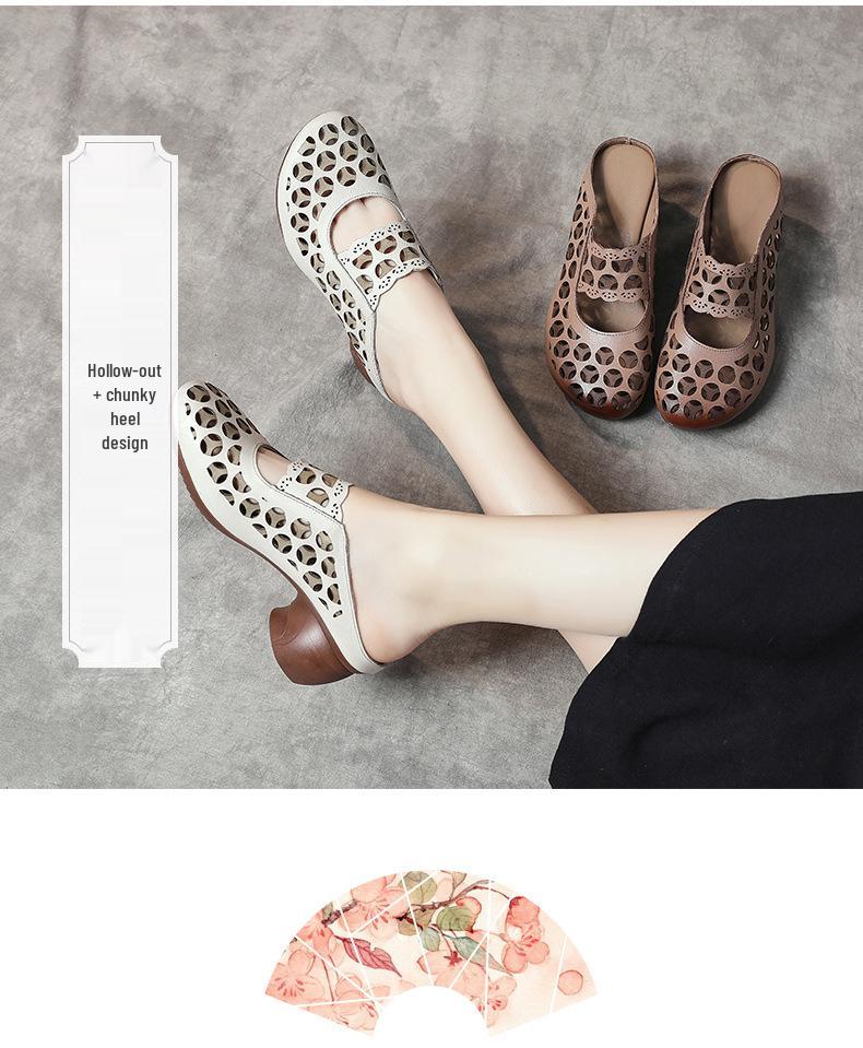 Baotou Women's Genuine Leather Mid-Heel Ethnic Style Slippers - Summer 2025 Hollow Soft Sole Sandals