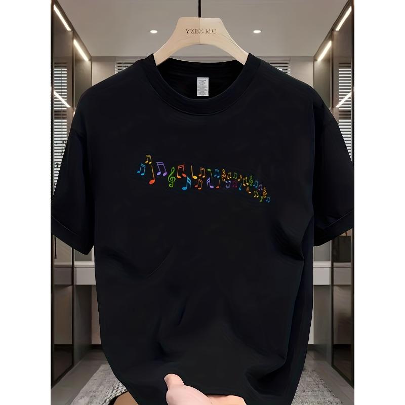 

European Size Crew Neck Short Sleeve T-Shirt with Rainbow-colored Music Note Print on The Front. Colorful Music Note Elements Convey A Vibrant L чорний
