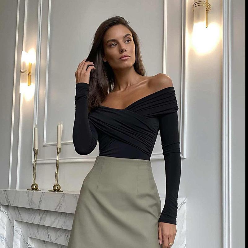Women Off Shoulder Shirts Short Shirts Fashion Front Cross Long Sleeve Slim Fit Ladies Clothing Clubwear Female Streetwear