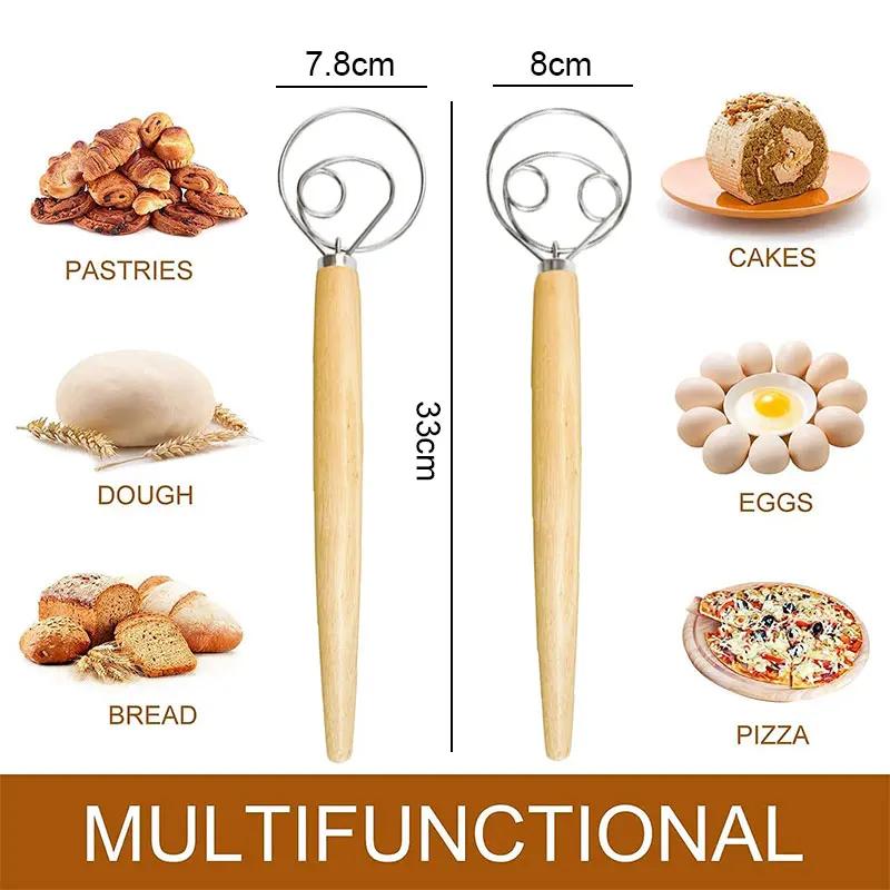 Wooden Handle Danish Dough Whisk Pastry Blender Stainless Steel Dutch Style Bread Dough Hand Mixer Kitchen Baking Tools