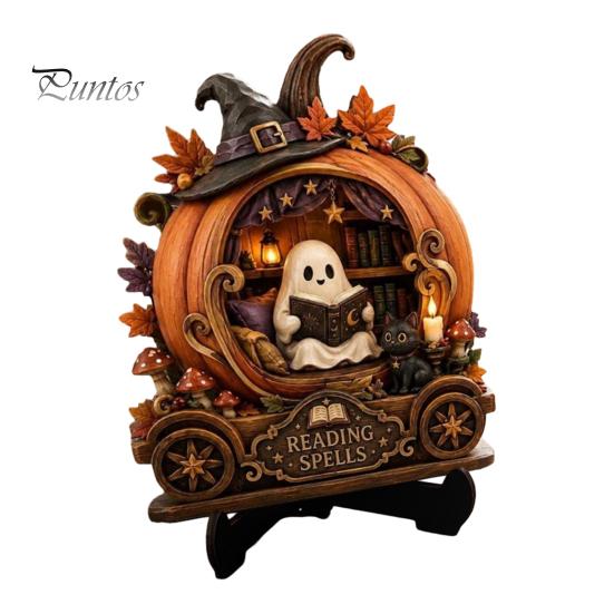 Healing Atmosphere Home Art Halloween Reading Ghost Figurine, Retro Wooden Statue, Vintage Desktop Creative Ornament with Stacked Book for Office