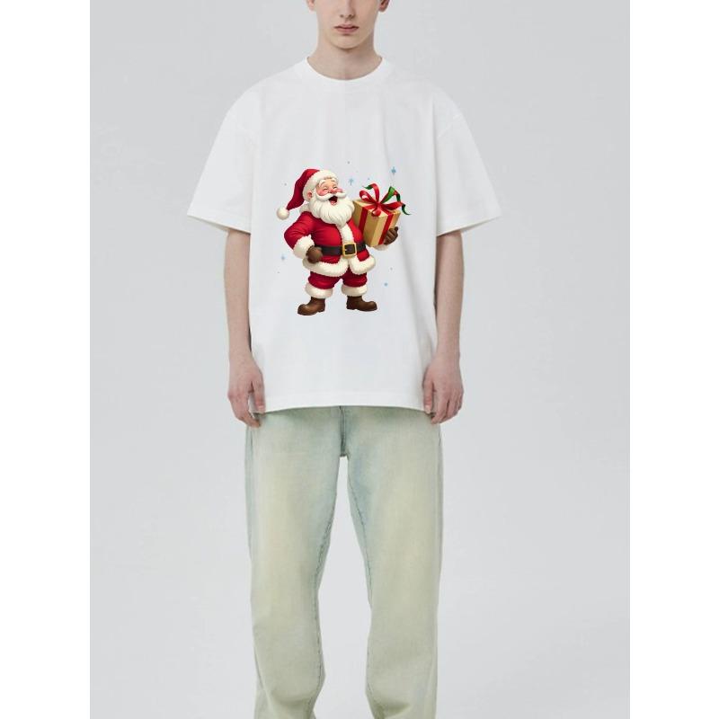 Christmas T-Shirt Black Santa Claus Holding Gift Box Holiday Party Wear