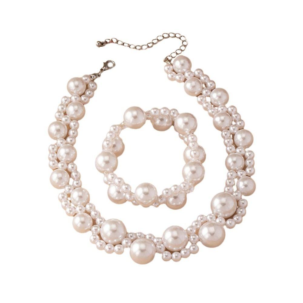 Light Luxury Pearl Necklace Bracelet Set Hand Bangle Women Jewelry Set  Wedding