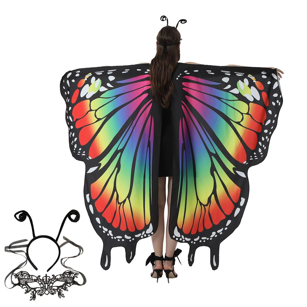 Halloween Costume for Adult Women Butterfly Wing Fairy Shawl with Antenna Headband Soft Lace Mask Cosplay Dress Up